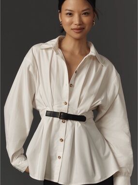 Anthropologie White Button-Front Shirt with cinched waist with belt detail
